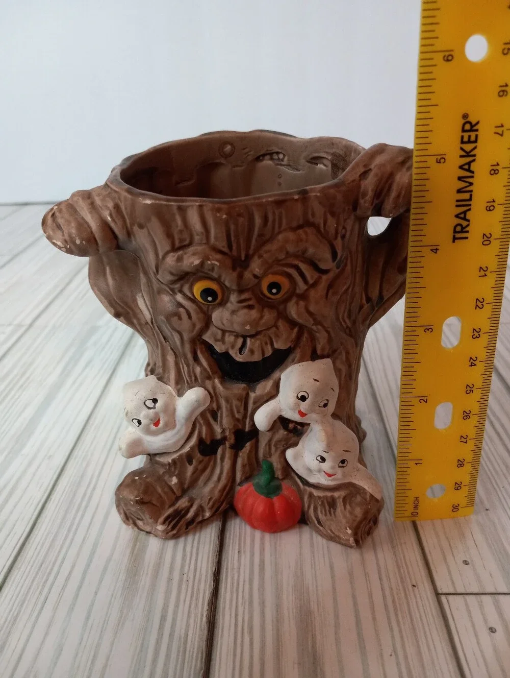 Vintage Spooky Ceramic Brown Tree Trunk Halloween Planter with White Ghosts